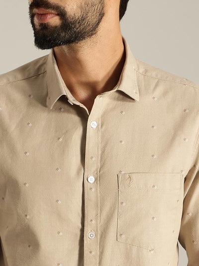 Indian Terrain Men's Slim Fit Full Sleeve All Over Print Khaki Shirt